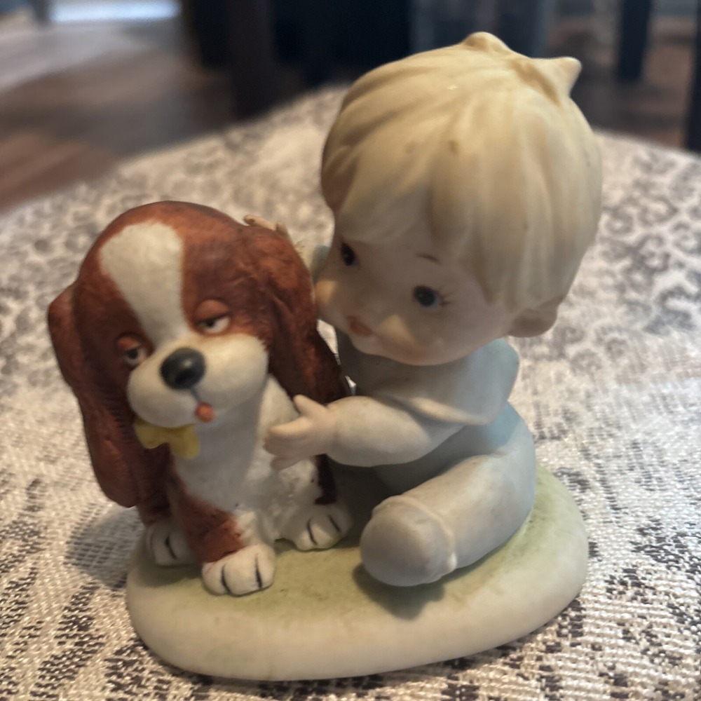 Homco Blonde Toddler and Puppy Dog Figurine 1424 Taiwan (4C x18)